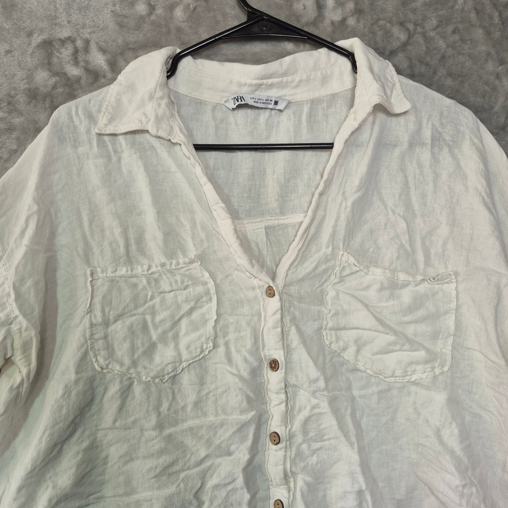 Zara White Linen Blend Cropped Button Down Shirt Short Sleeve Pockets Size L